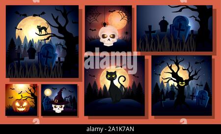 Les cartes avec des scènes d'halloween Illustration de Vecteur