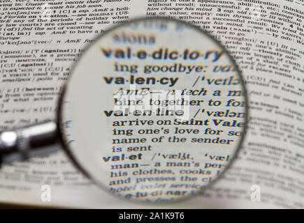 Les mots dans le dictionnaire vaentine amplifiés par la loupe Banque D'Images