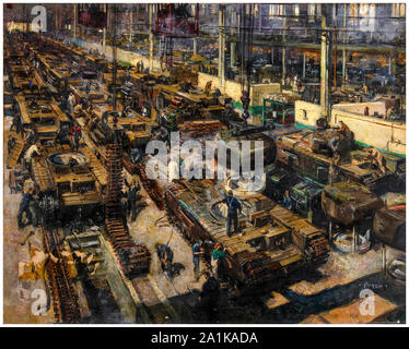 British, WW2, industrie, Production, réservoir de travailleurs fabriquent, Churchill réservoirs, sur une ligne de production en usine, peinture, par Terence Cuneo, 1939-1946 Banque D'Images