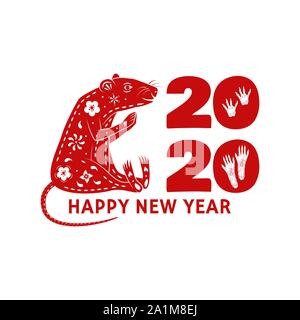 Joyeux Noël et Bonne Année 2020, timbre autocollant avec signe de nouvelle année - rat. Vector illustration. Typographie design pour Noël, nouvel an dans l'emblème de style rétro. Illustration de Vecteur