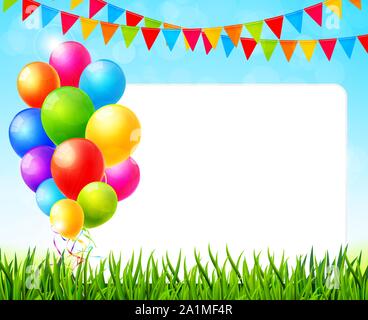 Carte de souhaits avec feuille de papier et de ballons colorés on Green grass vector Illustration de Vecteur