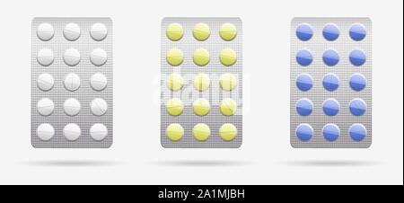 Comprimés en plaquettes thermoformées de couleurs différentes. vector illustration sur le thème de la santé et de la médecine. Illustration de Vecteur