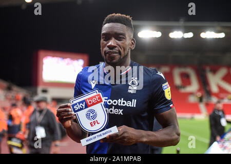 STOKE ON TRENT, en Angleterre. SEPT 27TH Sky Bet Homme du Match Sammy Ameobi (19) La forêt de Nottingham au cours de la Sky Bet Championship match entre Stoke City et Nottingham Forest au stade de BET365, Stoke-on-Trent le vendredi 27 septembre 2019. (Crédit : Jon Hobley | MI News) photographie peut uniquement être utilisé pour les journaux et/ou magazines fins éditoriales, licence requise pour l'usage commercial Crédit : MI News & Sport /Alamy Live News Banque D'Images