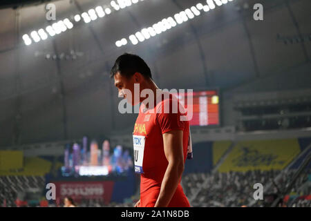 Doha, Qatar. 27 Sep, 2019. Xu Zhouzheng de Chine réagit après le le 100 m de chaleur au Championnats du monde d'athlétisme de l'IAAF de 2019 à Doha, Qatar, le 27 septembre 2019. Crédit : Li Gang/Xinhua/Alamy Live News Banque D'Images