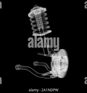 X-ray suspension voiture et le disque de frein sur fond noir, 3d illustration Banque D'Images