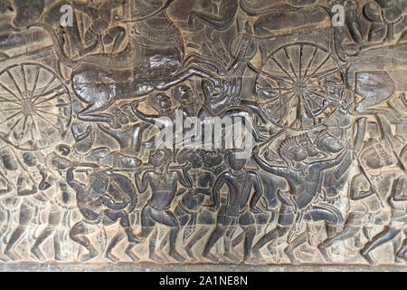 Bas-relief mural de la culture khmère à Angkor Wat temple mur , Cambodge, Close up Banque D'Images