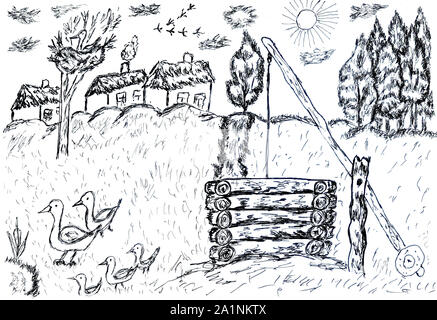 Noir et blanc simple croquis de paysage de campagne. Banque D'Images