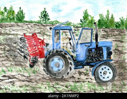 Tracteur agricole aquarelle machine design, illustration dessiné à la main. Banque D'Images