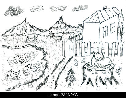 Noir et blanc simple croquis de paysage de campagne. Banque D'Images