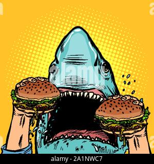 Le requin affamé manger Burger. Retro pop art dessin illustration vectorielle Illustration de Vecteur