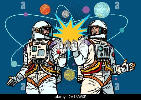 Journée de l'astronautique. Deux astronautes ensemble. Pop art retro kitsch vintage dessin illustration vectorielle Illustration de Vecteur