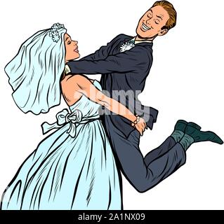 Amour mariage. heureux mariés. femme porte l'homme. Retro pop art dessin illustration vectorielle Illustration de Vecteur