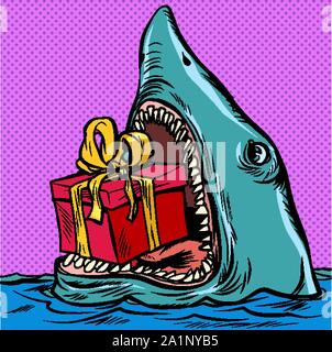 Shark avec une boîte cadeau. Maison de vacances de Noël shopping Saint Valentin anniversaire. Pop art retro vector illustration dessin vintage kitsch Illustration de Vecteur