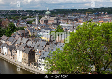 Vue de la citadelle de Namur, au-dessus de la Meuse, de la vieille ville, Wallonie, Belgique, la cathédrale Saint-Aubain, Banque D'Images