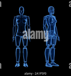 Le rendu 3d x-ray robot cyborg femelle ou isolés sur noir pleine longueur Banque D'Images