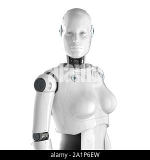 Le rendu 3D ou le robot cyborg femelle isolated on white Banque D'Images