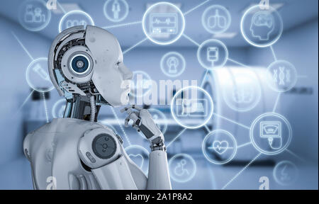 Concept de technologie médicale avec rendu 3D robot cyborg femelle ou travaillant avec hud ou écran graphique Banque D'Images