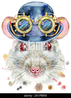 Portrait à l'aquarelle de rat blanc avec chapeau chapeau melon et des lunettes steampunk Banque D'Images