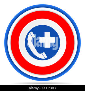 Appel d'urgence icône ronde, rouge, bleu et blanc illustration design français pour le web, internet et les applications mobiles Banque D'Images