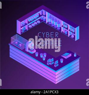 Ultra violet isométrique vectoriel cyber café comptoir. Bannière Web, icône de l'application Illustration de Vecteur