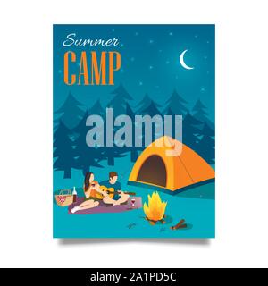 Summer Camp vector hand drawn flyer ou d'affiche avec jeune couple jouant de la guitare Illustration de Vecteur