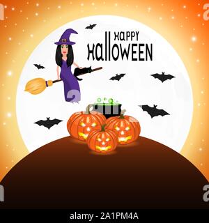 Sorcière avec un chat sur un balai pour l'Halloween dans le contexte de la lune Illustration de Vecteur
