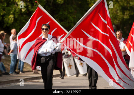 Allemagne, Baden Württemberg, Niederstetten. Septembre 2019. Fête des récoltes automnales traditionnels. Historischer deutschorden spielmannszug Bad Mergentheim Banque D'Images