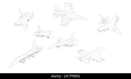 Le rendu 3D de plusieurs avis d'un avion de chasse isolé en fond blanc Banque D'Images