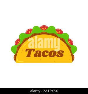 Tacos mexicains traditionnels bar alimentaire illustration isolé. Taco délicieux épicé avec du boeuf, sauce à la viande, bâtonnets de carottes, salade verte et tomate rouge avec grand panneau pour tacos logo camion alimentaire Banque D'Images