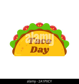 Tacos au festival national de repas traditionnels illustration. Taco délicieux épicé avec du boeuf ou poulet, sauce à la viande, salade verte et tomate rouge avec grand panneau Taco Jour de célébration nationale du design. Banque D'Images