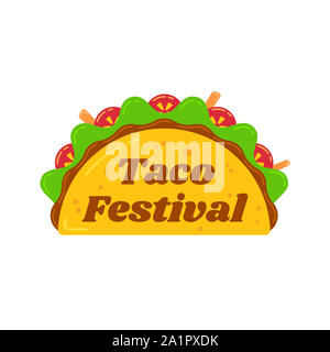 Casse-croûte traditionnel mexicain taco symbole. La viande de boeuf savoureux, salade, tomates et carottes dans de délicieux tacos avec inscription Festival Taco isolé sur fond blanc. illustration pour logo camion alimentaire Banque D'Images