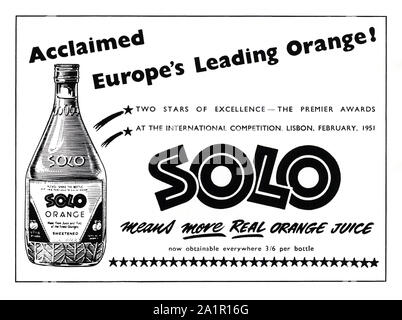 Annonce pour un verre de jus d'orange en Solo, 1951. Solo est une boisson gazeuse à saveur d'orange à partir de la Norvège. Solo est rapidement devenu le plus populaire de la Norvège, de boissons gazeuses et jusqu'aux années 60 était plus grande que Coca-Cola dans ce pays. Banque D'Images