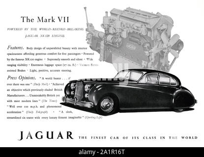 Publicité pour le Jaguar Mark VII (7 ou 7) automobile de luxe, 1951. Le Jaguar Mk VII était une grande voiture à quatre portes produite par Jaguar Cars de Gand de 1951 à 1956. Dans sa forme originale 1950 le Mark VII pourrait dépasser 100 mph. Banque D'Images