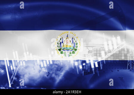 El Salvador drapeau, bourse d'échange, l'économie et du commerce, la production de pétrole, porte-conteneurs dans des affaires d'exportation et d'importation et de la logistique. Banque D'Images