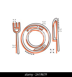 Fourchette, couteau et icône de la plaque dans le style comique. Vector cartoon illustration Restaurant blanc sur fond isolé. Le dîner d'effet splash. Illustration de Vecteur