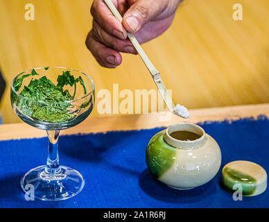 Cérémonie de dégustation de thé vert à Shizuoka, Japon. La fin de la cérémonie du thé. Les feuilles de thé sont mangées avec des baguettes directement du verre, après avoir été arrosées de sel de mer. Rien n'est gaspillé, tout est digeste. En particulier par une journée très chaude, cette fin aromatique et légèrement salée à la cérémonie du thé est très bienvenue Banque D'Images