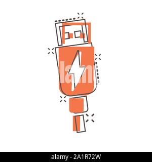 L'icône du câble USB dans le style comique. Chargeur électrique vector cartoon illustration sur fond blanc isolé. Adaptateur de batterie effet splash concept d'affaires Illustration de Vecteur