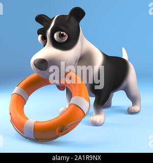 3d Cartoon funny puppy dog holding une bouée de sauvetage dans sa bouche, l'illustration 3D render Banque D'Images
