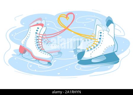 Patins, hommes et femmes ensemble, en couple sur la patinoire. Deux bottes de patins avec amour coeur signe fait de lacets. Carte postale de vacances hiver romantique illustration. Isolé sur fond blanc Illustration de Vecteur