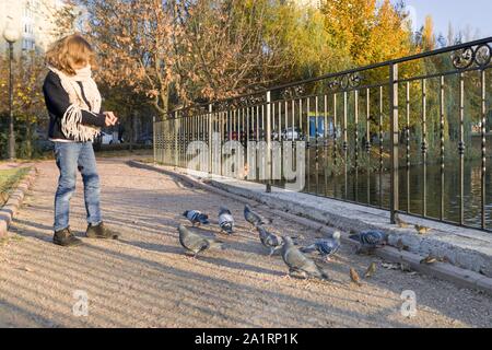 Petite fille nourrir les pigeons dans le parc ensoleillée d'automne, debout sur le pont près de l'étang, heure d'or Banque D'Images