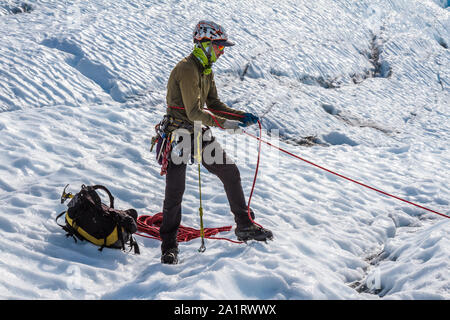 Guide sur le Glacier Matanuska en Alaska aide un client avec un corps l'assurage sauvegardés avec une broche à glace l'ancre. Banque D'Images