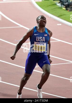 Christian Coleman (USA) gagnant 100 mètres lors des Championnats du monde IAAF 2019 Le 28 septembre, 2019 dans Khaliff Internartional Stadium de Doha (Qatar).  : Soenar Chamid Crédit/SCS/AFLO/Alamy Live News Banque D'Images
