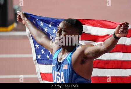 Christian Coleman (USA) gagnant 100 mètres lors des Championnats du monde IAAF 2019 Le 28 septembre, 2019 dans Khaliff Internartional Stadium de Doha (Qatar).  : Soenar Chamid Crédit/SCS/AFLO/Alamy Live News Banque D'Images