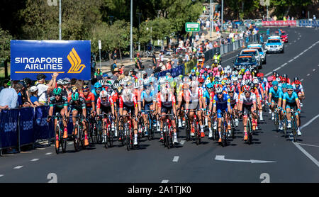 Les cyclistes en descendant la rue Rundle à Adélaïde en Australie au cours de la classique, dans le cadre de la première course du Tour Down Under. Banque D'Images