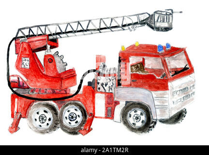 Feu rouge à la main, moteur de camion incendie peint en illustration à l'aquarelle. Banque D'Images