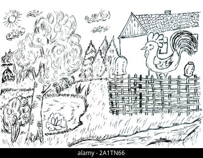 Noir et blanc simple croquis de paysage de campagne. Banque D'Images