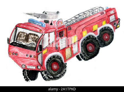Feu rouge à la main, moteur de camion incendie peint en illustration à l'aquarelle. Banque D'Images