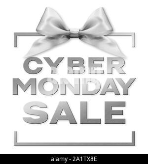 Vente Cyber Monday, texte argenté écrire isolé sur blanc avec de l'argent de la carte-cadeau ribbon bow Banque D'Images