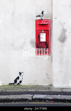 Le street art Stencil d'un chat noir et blanc à la recherche d'un pigeon au pochoir sur un mur monté post box, Hastings, East Sussex, UK Banque D'Images