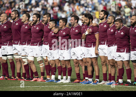 Saitama, Japon. Sep 29, 2019. Des joueurs de rugby à chanter l'hymne national de la Géorgie pendant la Coupe du Monde de Rugby 2019 extérieure D match entre la Géorgie et l'Uruguay au stade de Rugby Kumagaya, près de Tokyo. La Géorgie bat l'Uruguay 33-7. Credit : Rodrigo Reyes Marin/ZUMA/Alamy Fil Live News Banque D'Images